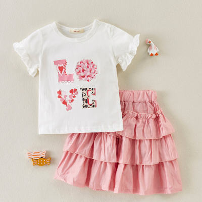 Toddler Girl Pink Love Letter Pattern T-shirt & Pleated Cake Dress