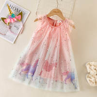 Toddler Girl Fashion Trendy And Cute Star Mesh Gradient Skirt Sleeveless Dress Without Hairband  Pink
