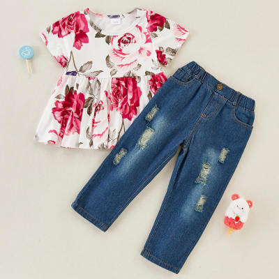 Fashionable Floral Short-sleeve Top and Jeans Set