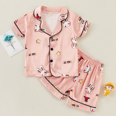 Toddler Girl Rabbit Star Print Ice Silk Short Sleeve Pajamas Sets