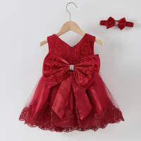 Toddler Girl Solid Color Bowknot Decor Formal Dress & Headband - Hibobi