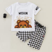 Toddler Boy Cartoon Bear Pattern Letter Print T-shirt & Plaid Shorts  White