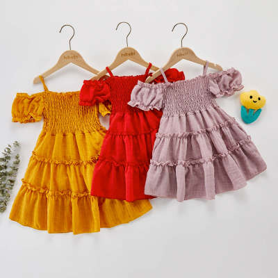 Toddler Girl Solid Color Puff Sleeve Slip Dress