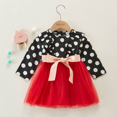 hibobi Toddler Girl Black And White Wave Dots  Stitching Red Mesh Pink Bow Dress