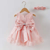 Toddler Girl Solid Color Bowknot Decor Formal Dress & Headband - Hibobi