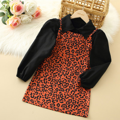 Kids Girls Solid Lantern Sleeve Blouse & Leopard Print Slip Dress Set