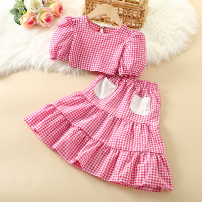 Conjunto de blusa y falda con bolsillos y manga farol con estampado de cuadros para niñas
