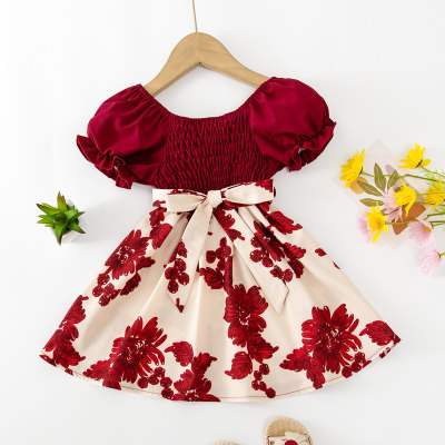 Toddler Girl Floral Bowknot Decor Smocking Puff Sleeve Dress