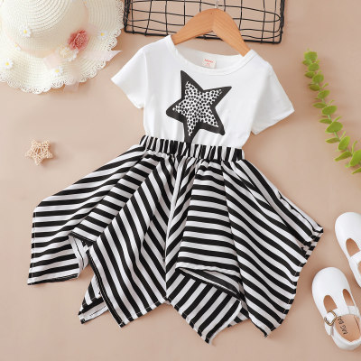 Toddler Girl Cute Cool Pentagram Striped Asymmetric A line Dress