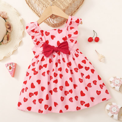 Vestido con patrón en forma de corazón para niña pequeña, dulce, sin mangas, bonito lazo, decoración