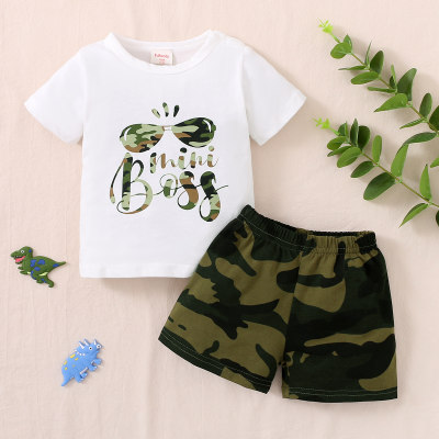 hibobi Baby Boy Letter Print Top Camouflage Pant Two-piece
