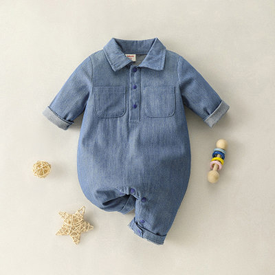 Hibobi Baby Solid Shirt-collar Long Sleeve Denim jumpsuit