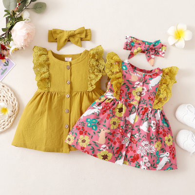 hibobi Baby Girl Sweet Lace-ruffle Floral Print Dress Headband Two-piece