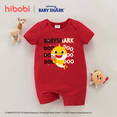 Hibobi × Babyshark جمبسوت قطني بأكمام قصيرة مطبوع عليه رسوم كرتونية للبنات / الأولاد