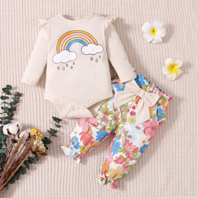 Body de manga comprida com estampa de arco-íris hibobi bebê doce estampa floral
