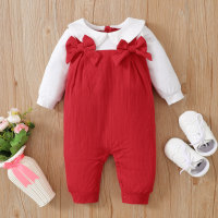 hibobi Baby Girl Sweet Doll-collar Bow Long Sleeve Jumpsuit  Red