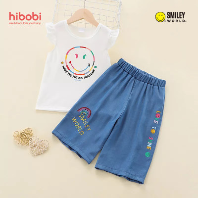 Hibobi x SmileyWorld Toddler Girls Casual Smiley Print Letter Print Terno e Calça Terno