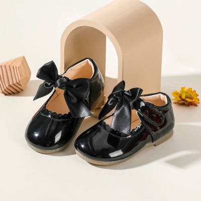 Children's solid color bow leather shoes