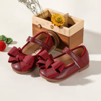 Toddler Girl Solid Color Bowknot Decor Leather Shoes  Burgundy