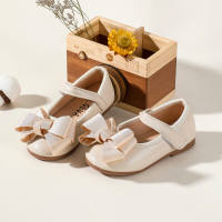 Toddler Girl Solid Color Bowknot Decor Leather Shoes  Beige