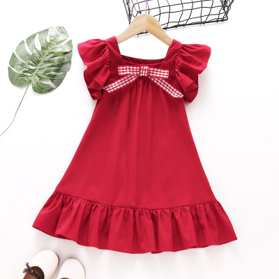 Vestido de falda plisada con lazo básico de algodón para niñas pequeñas