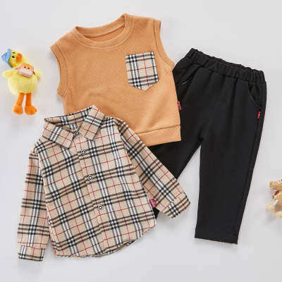 Toddler Boy Cotton Plaid Top & Shirt &  Pants Suit