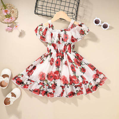 Toddler Girl Ruffle Collar Off-shoulder Floral Chiffon Dress