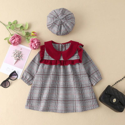 Baby Girl Sweet Doll-collar Ruffle Plaid Long Sleeve Dress Hat Two-piece