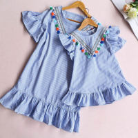 Mother Baby Clothes Solid Color Tassl V-neck Dress  Blue