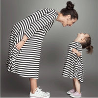Mother Baby Clothes Stripes Dress  Black