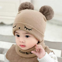 2-piece Cute Hat Bibs Beanies Hats Cotton Baby Bibs  Khaki