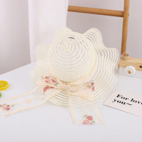 Girl Floral Bow Knot Decor Straw Hat  Creamy White