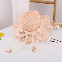 Girl Floral Bow Knot Decor Straw Hat  Pink