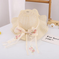 Girl Floral Bow Knot Decor Straw Hat  Beige
