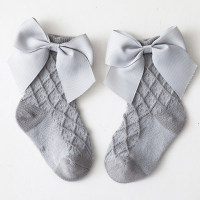 Baby Solid Color Bowknot Decor Knee-High Stockings  Grey