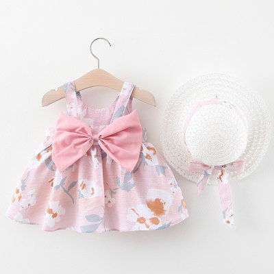 Vestido y sombrero con estampado floral de 2 piezas Bow Decor para niña pequeña