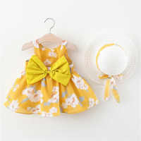 2-piece Bow Decor Floral Printed Dress & Hat for Toddler Girl  Yellow