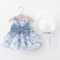 2-piece Bow Decor Floral Printed Dress & Hat for Toddler Girl  Blue