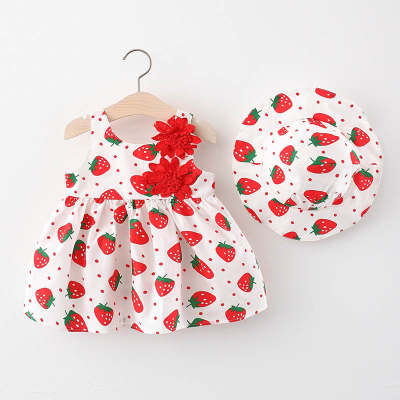 Toddler Girl Strawberry Pattern Sleeveless Dress & Straw Hat