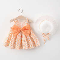 Vestido floral para niña pequeña con sombrero de paja  naranja