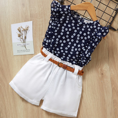 Toddler Floral Polka Dot Printed Sleeveless T-Shirt & Shorts With Belt