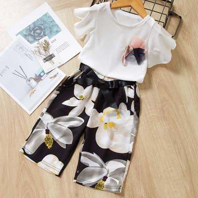 2-Piece Solid Ruffled Tee and Flower Allover Pants with a Brooch
