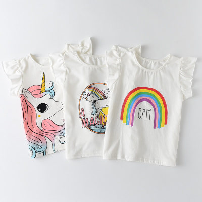 Camiseta con estampado de unicornio con volantes para niña pequeña