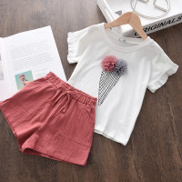 Toddler Girl 3D Floral Ice-cream Pattern Top & Solid Color Shorts  Burgundy