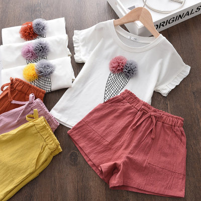 Camiseta con estampado floral de helado en 3D para niña pequeña y pantalones cortos de color liso