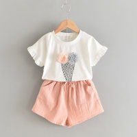 Camiseta con estampado floral de helado en 3D para niña pequeña y pantalones cortos de color liso  Rosado