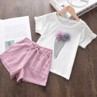 Toddler Girl 3D Floral Ice-cream Pattern Top & Solid Color Shorts  Purple