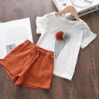 Camiseta con estampado floral de helado en 3D para niña pequeña y pantalones cortos de color liso  rojo