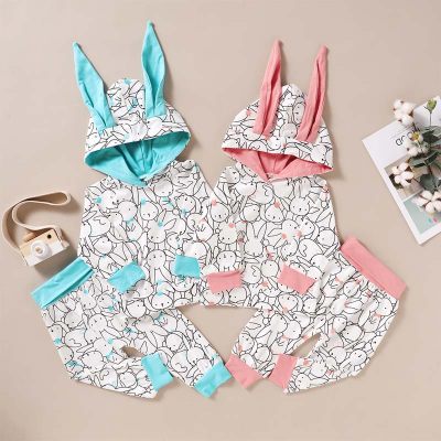 2-piece Rabbit Printed Hooded Coat & Pants for Toddler Girl