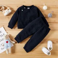 Baby Solid Color Long Sleeve Thick Sweater & Sweatpants  Black